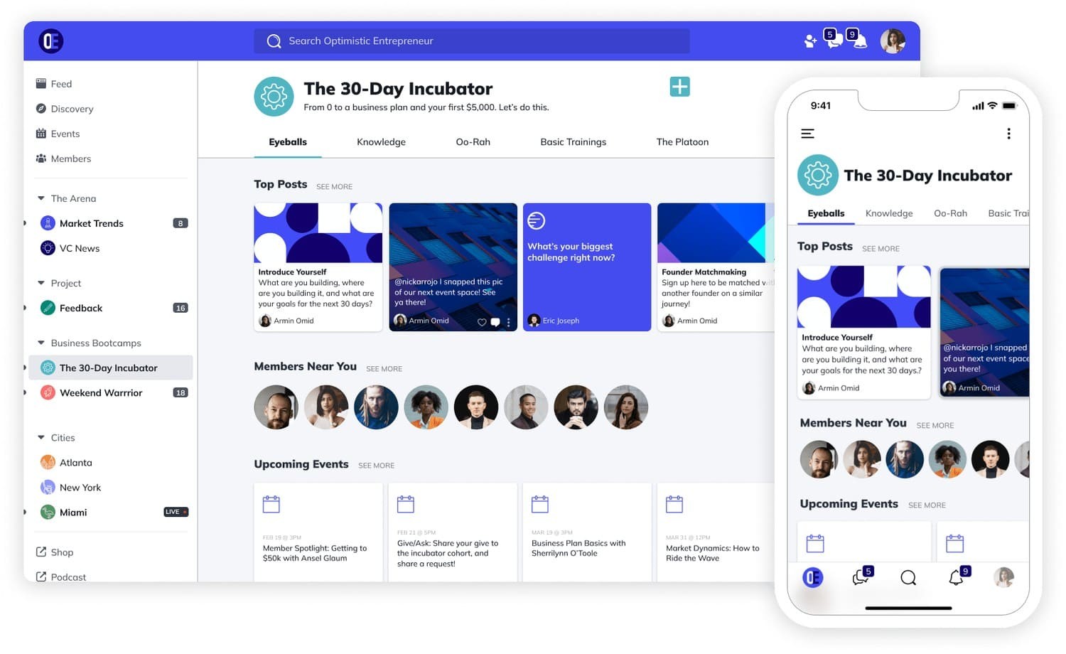 Mighty Networks community dashboard on web and mobile
