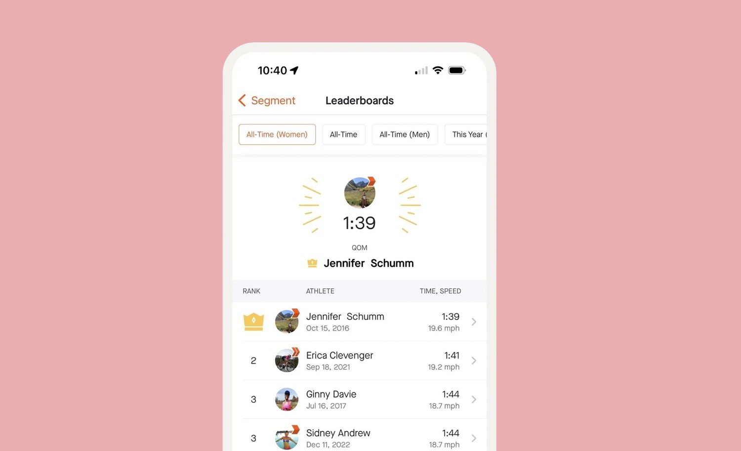 Strava in-app leaderboard